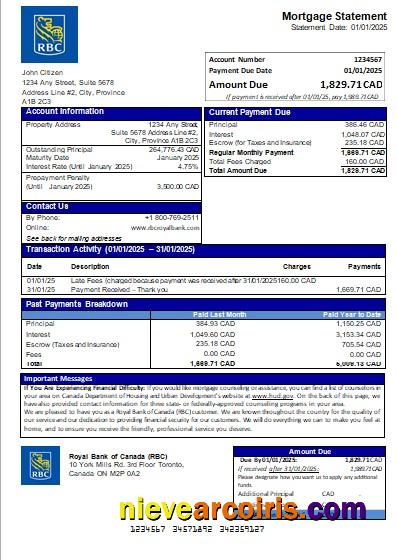 Canada Royal Bank of Canada (RBC) bank mortgage statement